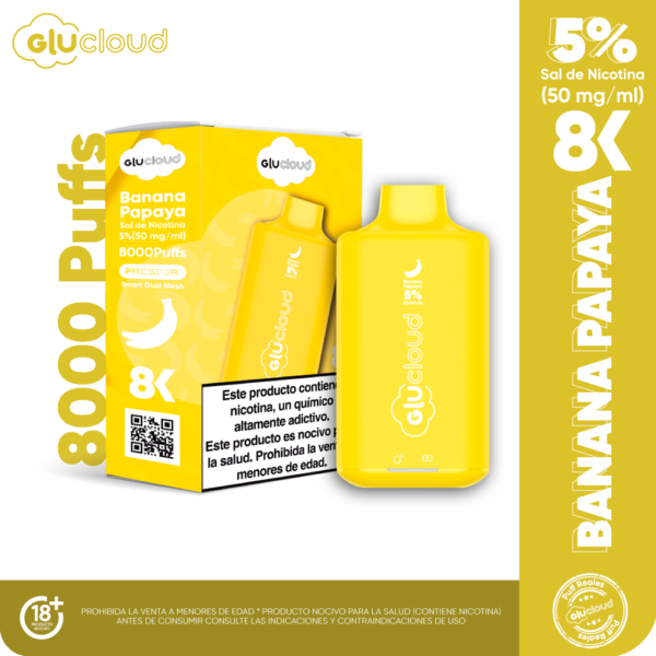 VAPEADOR DESECHABLE GLUCLOUD 8000 PUFF BANANA PAPAYA