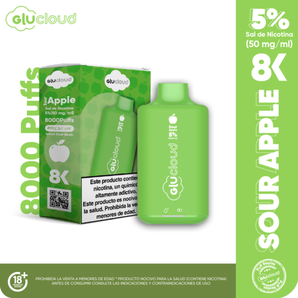 VAPEADOR DESECHABLE GLUCLOUD 8000 PUFF SOUR APPLE (copia)